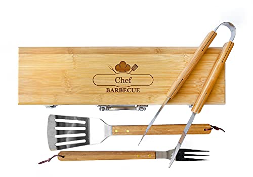 Product Image of the Personalized Grill Set for Men, BBQ Set with Custom Engraved Wooden Case Holder (Chef Design) | Customized Birthday for Him, Dad, Boyfriend, Husband | Groomsmen Gift