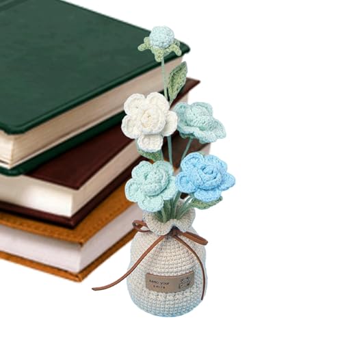 Flores de ganchillo, flores de punto hechas a mano, rosas de ganchillo, plantas artificiales en maceta, decoraciones de escritorio para salpicadero de coche, hogar, oficina e ideas de regalo únicas