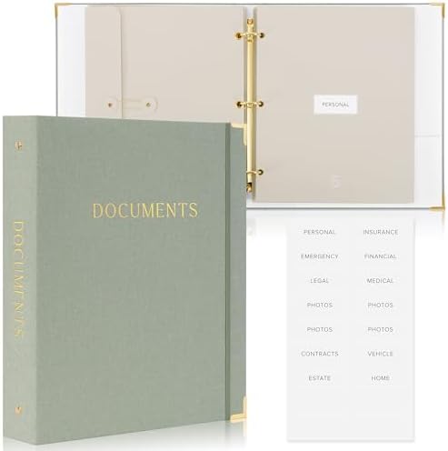Sturdy Document Organizer Set with Folders - Beautiful Linen 3-Ring Binder Safely Stores All Important Documents & Files in One Place - Easy to Use Expanding Storage Incl. Envelopes, Pockets & Labels