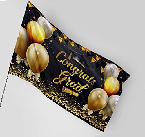 Hhercicim Congrats Grad Flag Graduation Banner 3X5 Ft,Black And Gold Graduation Banner For Graduation Party Decorations House Flag, Congratulations Banner Backdrop For Holiday Party Polyester Outdoor Decor With Brass Grommets #TOP3