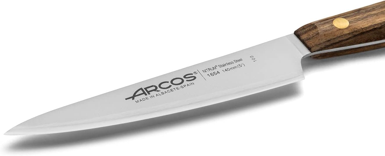 Arcos Chef Knife 5 Inch Stainless Steel. Professional Kitchen Knife for Cooking. Ovengkol Wood Handle 100% natural FSC and 140 mm Blade. Series Nordika. Color Brown.