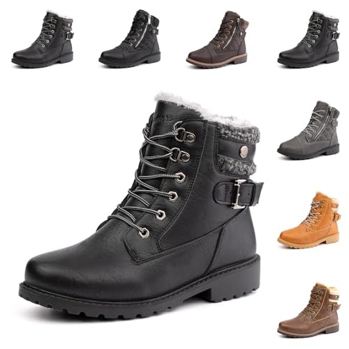 Hitmars Botas Mujer Invierno Nieve de Zapatos Planas Calentar Forro Cordones Botas Senderismo Snow Boots Outdoor Negro EU 43