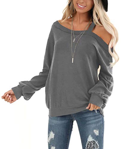 Ezbelle Women's Off Shoulder Knit Sweater Casual Long Sleeve T Shirts Tunic Tops Blouse Deep Grey Medium #TOP1