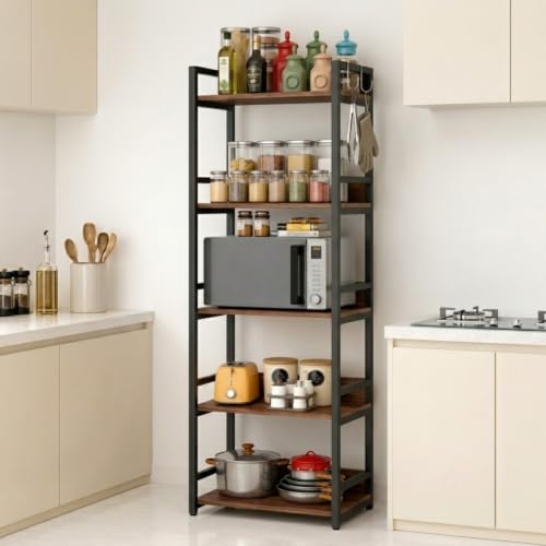 Image of TEKAVO Noxy 5 -Tier Kitchen Organizer Rack|Multipurpose Microwave Stand for Kitchen Platform & OTG Oven|Steel Utensils Storage Shelf with Hooks | Forest Wood, Metal (60x39x166 cm) | DIY