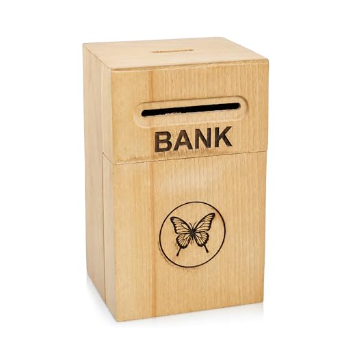 Image of ITOS365 Butterfly Wooden Money Bank for Kids | Wooden Savings Box with Coin Slot | Reusable Cash Saving Bank | Educational Piggy Bank for Boys & Girls