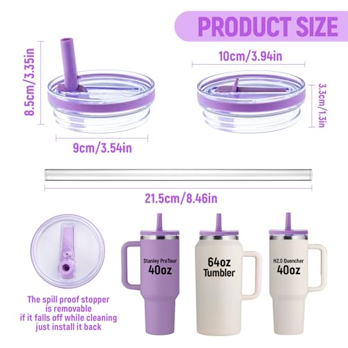 Image of Replacement Lid for Stanley 40 oz and 64 oz Tumbler.Leakproof Flip Straw Lid Fit Stanley Cup Quencher H2.0 40 oz /64 oz and Stanley ProTour 40oz /64oz Tumbler.(Lilac,2-Pack)