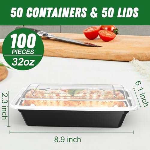50 Pack (100-Piece) 32 oz Meal Prep Containers Reusable with Easy Open Lids, Sturdy Leakproof Food Safe, Microwave Freezer Dishwasher Safe, To Go Take Out Plastic Food Storage Pans with Lids, Black - Image 3