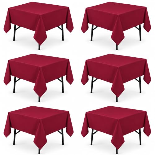 Image of 6-Pack 60x60 inch Burgundy Table Cloths, Solid Stain and Wrinkle Resistant Tablecloth, Premium Plain Weave Polyester Fabric Rectangle Table Linen Covers for Hotel, Banquet