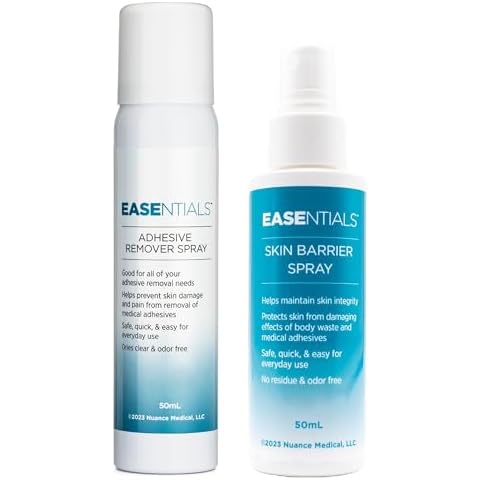 EASEntials Multi-Pack Adhesive Remover Spray (50 ml) & Skin Barrier Spray (50 ml), No Sting Skin Prep Protective Spray, Ostomy Skin Barrier Spray, 2-Pack (1 Each) Cover