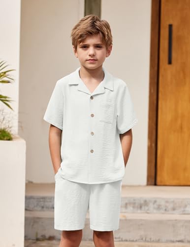 Image of Arshiner Boys 2 Pieces Summer Beach Outfits Short Sleeve Button Down Shirts and Shorts Vacation Texture Sets for Kids