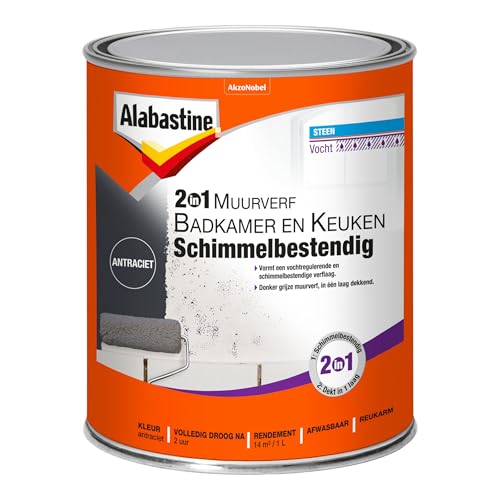 Alabastine muurverf 2in1 badkamer en keuken schimmelbestendig antraciet - 1 liter