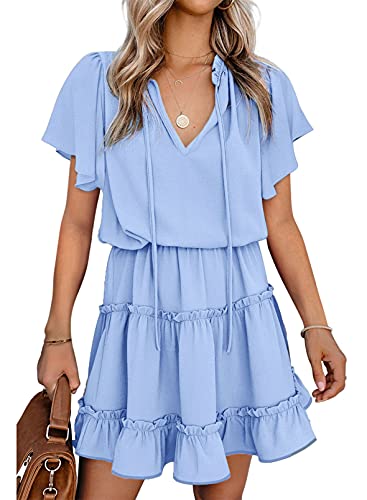 Dokotoo Womens Juniors Cute Spring Casual Summer Sexy Deep V Neck Ruffle Chiffon Lantern Short Sleeve Elegant Empire Waist Flowy Mini Short Skirt Dresses for Women Party 2022 Blue Small