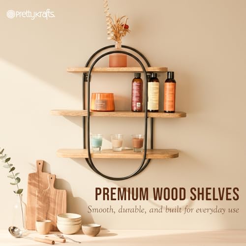 Image of PrettyKrafts 3-Tier Wood and Metal Storage Basket | Shelf Organizer | Multipurpose Storage Basket | Rustic Wooden Wall Storage Rack for Living Room, Bedroom & Kitchen | (55x58x13 cm)