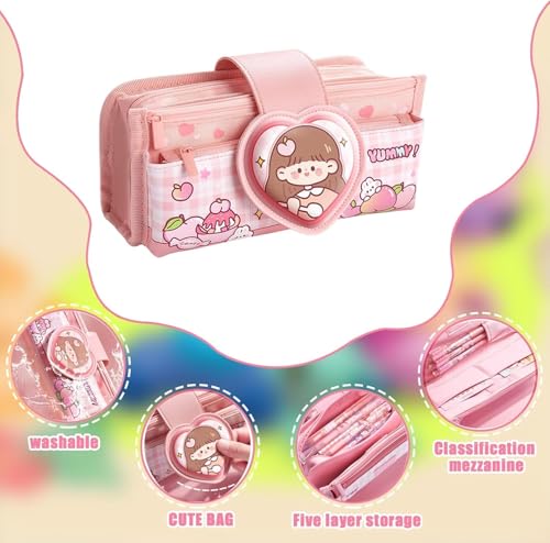 Image of Invite Canvas Kawaii Pencil Case 3 Compartment Cute Aesthetic Pencil Case for Girls Large Capacity Pen Pencil Pouch Multifunctional Stationery Organizer for School Office Kids (Heart shape-Light Pink)