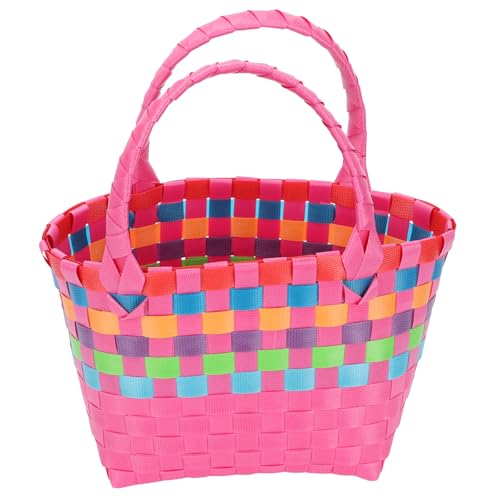 ifundom Mini Plastic Woven Tote Bag with Handles, Waterproof Reusable Jelly Basket for Girls Party Favors, Colorful Small Beach Bag And Holiday Tote, 6. 7 X 5. 9 X 4. 3 Inches, Rose-red