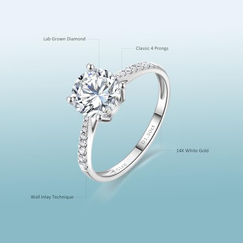 Side Stones 1 to 2 Carat IGI Certified LAB Grown Diamond Engagement Rings for Women in 14k White Gold Round Cut Solitaire Diamond Anniversary Wedding Promise Bridal Rings Jewelry Gift2
