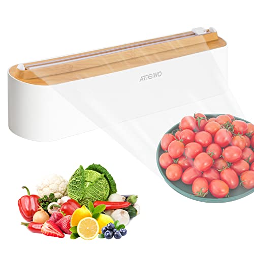 ArteiWo Magnetic Refillable Plastic Wrap Dispenser With Cutter, Foil and Plastic Wrap Organizer, Tin Aluminum Foil Dispenser with Cutter for Drawer, 12 Inch X 328 Feet Plastic Wrap Included