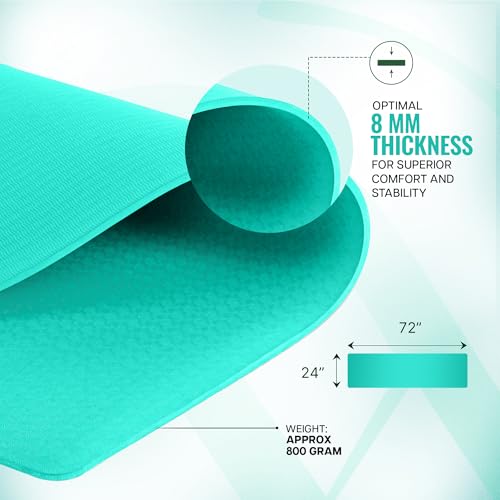 Image of WiseLife Classic Eco-TPE 8 MM Yoga Mat with Yoga Strap for Men & Women | Extra Thick, Long & Wide Non-Slip, Anti-Tear Exercise Mat for Home, Gym, Workout, Fitness, Yoga & Pilates (Teal)