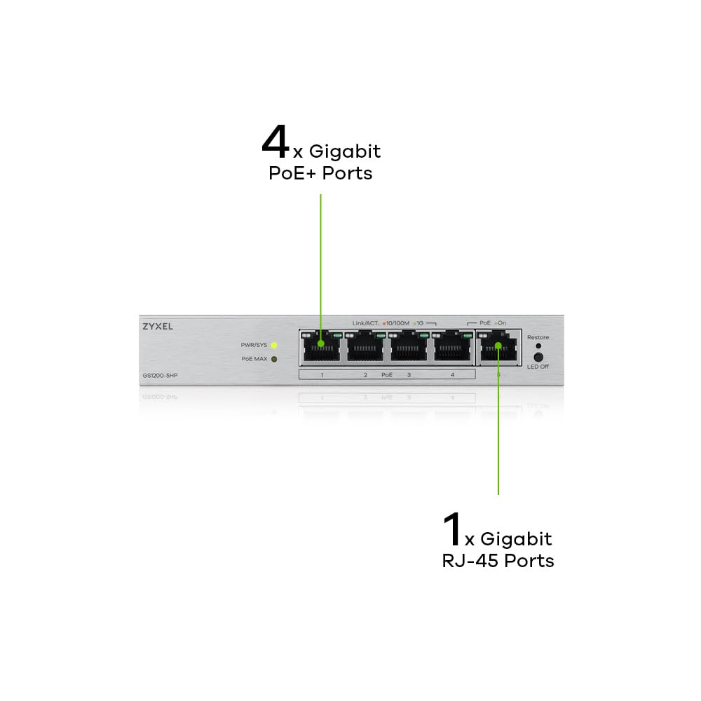 Zyxel Switch PoE 5 Porte | Switch Ethernet Gigabit Web Managed | 4 Porte PoE+ Budget 68W | QoS, Link Aggregation, VLAN, IGMP Snooping | Senza ventola | Desktop [GS1200-5HPv3] | 4x Porte PoE+ con Budget di 68W + 1x GbE, Senza Ventola, VLAN, QoS, IGMP Snoop
