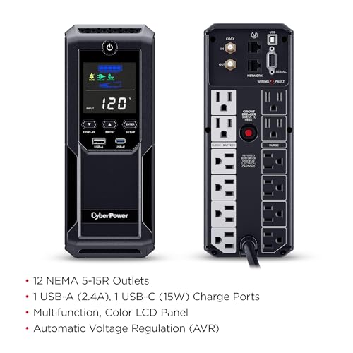 Image of CyberPower CP1350AVRLCD3 Intelligent LCD UPS Battery Backup | 1350VA /815W, 12 Outlets, 2 USB Ports, AVR, Mini Tower, UL Certified