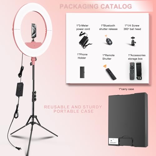 Image of Ring Light 18 INCH Kit,55W6700k Dimmable LED Light, Tripod Stand, Remote Controller,Box for Camera,Smartphone,YouTube,TikTok,Self-Portrait Shooting,CRI95 (Pink)