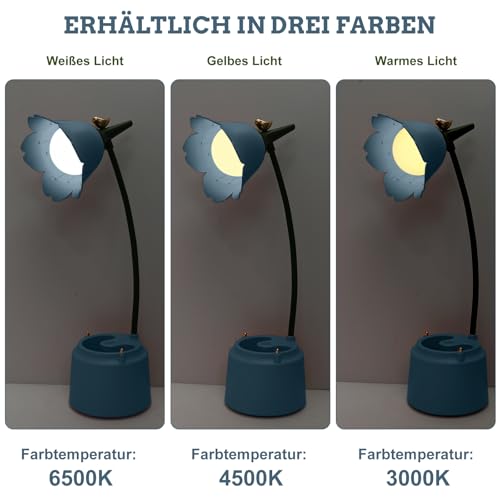 Schreibtischlampe Kinder mit Stifthalter, Dimmbare LED Nachttischlampe 3 Farbtemperaturen, Tischlampe mit 360° Flexibel Arm Schwanenhal, Wiederaufladbare Schreibtischlampe für Lesen, Lernen (BLUE)
