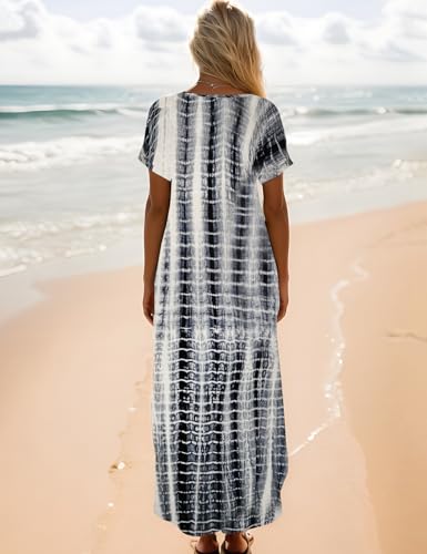 Image of Zilcremo Women Summer Casual Maxi Dress Loose Pockets Short Sleeve Split Boho Dresses Apricot