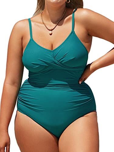 Cupshe Women Swimsuit Plus Size One Piece Bathing Suit Wrapped Front Ruched Tummy Control With Adjustable Spaghetti Straps, 1X Teal #TOP10