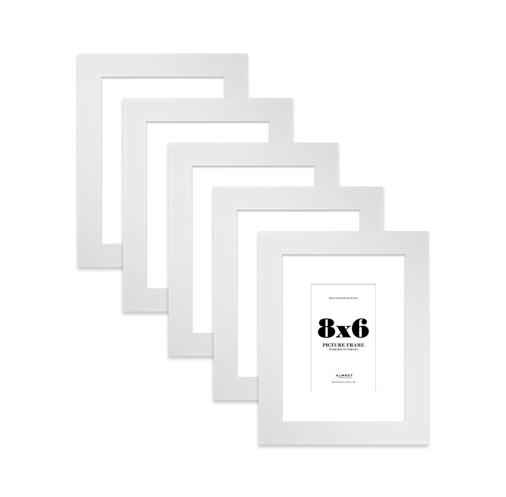 8x6" White Frame With Mount for 5x3" Pictures 28mm Edge Portrait and Landscape Display with Wall Hooks and Kickstand, 5 Pack