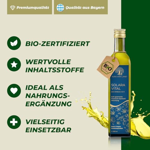Aura vom Land Solara Vital 2x250ml Set – Exklusive Bio Omega 3-6-9 Öl-Mischung Kaltgepresst –Ausgewogenes Omega 3-6-9 Fettsäureprofil hochdosiert – Premium Speiseöl Vegan - Hergestellt in Bayern