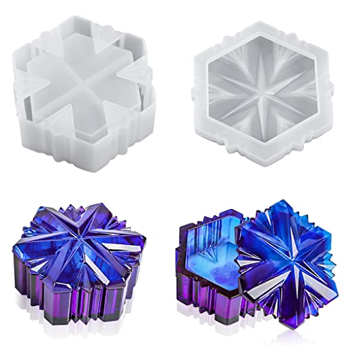 FineInno Snowflake Box Resin Mold,Christmas Jewelry Jar Silicone Mold with Lid,Trinket Storage Epoxy Casting Mould for DIY Candy Container Organizer