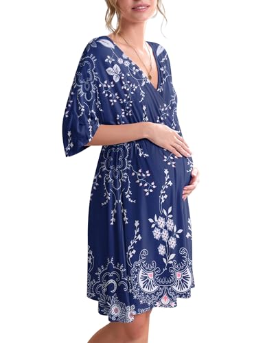 Image of Ekouaer 3 in 1 Labor/Delivery/Hospital Gown Maternity Dress Nursing Nightgown Sleepwear for Breastfeeding, Navy Flower Vine, X-Large