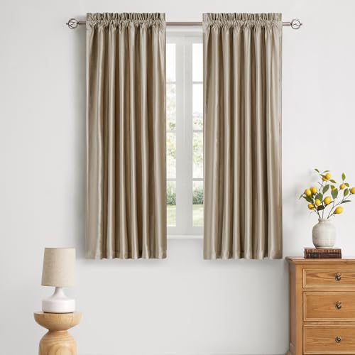 PRIMROSE Taupe Velvet Blackout Curtains 63 Inches Long,Luxury Living Room Thermal Insulated Window Curtain Drapes,Elegant Decorative Rod Pocket Bedroom Curtains Set of 2