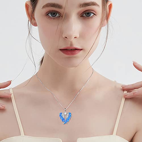 Yfn Angel Wings Necklace 925 Sterling Silver Blue Opal Guardian Angel Wings Pendant Necklace For Women Girls Jewelry #TOP5