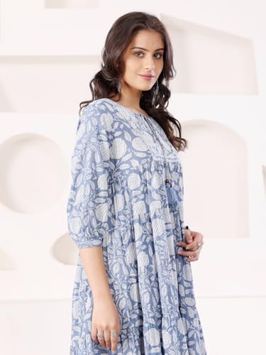 Image of SAVI Blue Cotton Printed Tiered Dress