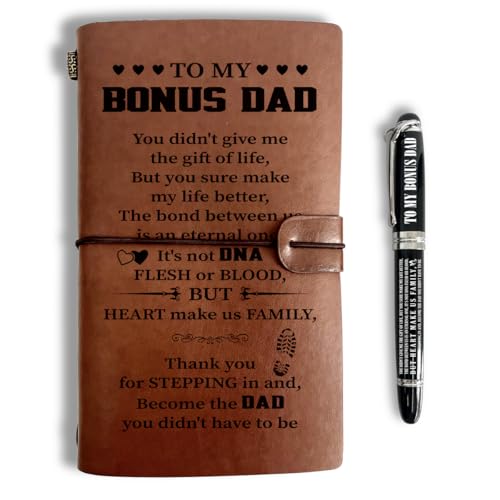 Bonus Dad Leather Journal, Engraved Gift Pen, Roller Ballpen, Bonus Dad Stepdad Best Dad Ever Gifts, Leather Notebook and Pen Gift for Dad, 160 Pages Notebook, Fathers Day Birthday Christmas Gift-E8