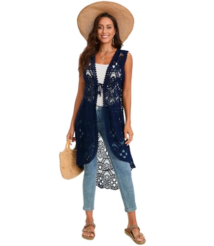 Image of Women's Crochet Long Vest Sleeveless Lace Cardigan Hollow Out Kimino Cover Up