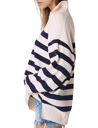 Image of Knit Coastal Stripe Pullover for Women Oversized Fit Medium Weight Sweater with Quarter Zip Neckline 2024 Fall Winter Sweater