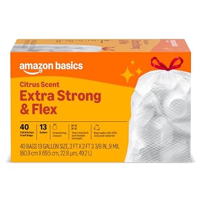 Amazon Basics Extra Strong & Flex Tall Kitchen Drawstring Trash Bags, Citrus Scent, 13 Gallon, 40 Count