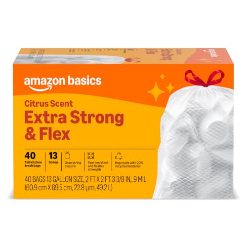 Image of Amazon Basics Extra Strong & Flex Tall Kitchen Drawstring Trash Bags, Citrus Scent, 13 Gallon, 40 Count