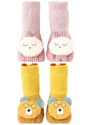 NeVka Fuzzy & Fluffy Mid-Knee Toddler Socks (2 Pairs) Thickening Warmth Cartoon Design Non-Slip Coral Fleece Socks for Kids