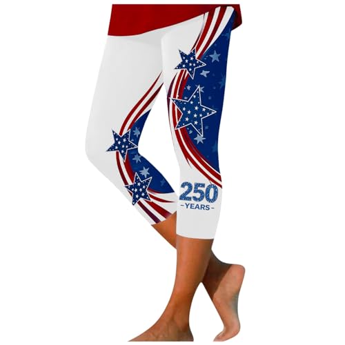 Women's American Flag Print Capri Leggings, High Waist, Control, Athletic Running, S-3XL#Y Blue