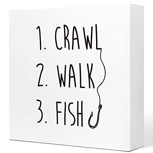 Image of Crawl Walk Fish Rustic Wooden Sign Desk Decor,Funny Baby Fishing Wood Block Sign Desk Decorations for Home Bedroom Baby Room Desk Shelf Table Decor