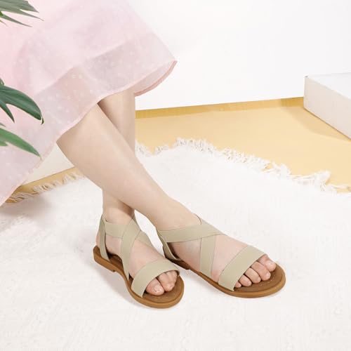 Image of PANDANINJIA Girls Sandals Slip-on Elastic Ankle Cross Strappy Gladiator Dress Sandals Flats Summer Shoes Little Big Kids Sandals