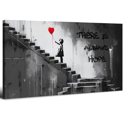 Banksy Canvas Wall Art Black and White Graffiti Girl with Red Balloons Wall Pictures There is Always Hope Inspirational Quotes Paintings Artwork for Living Room Bedroom Home Decorations 20x40in