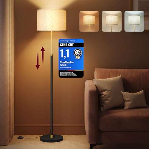VASAGLE Stehleuchte, Standleuchte, Stehlampe, höhenverstellbare Leselampe, 140-170 cm hoch, modern, mit Fußtaster, Lampenschirm aus Stoff, E27 Fassung, gold-schwarz LFL002B02