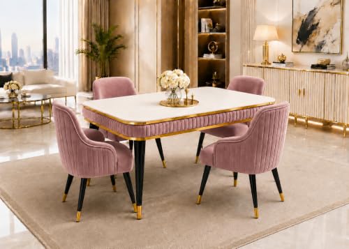 Image of WOODEN SPACE 4 Seater Wooden Dining Table Set | Urban Marble Top Dining Table with Chairs for Dining Room & Kitchen (Modern Zyro Pink) (54 x 36 x 30 inch)