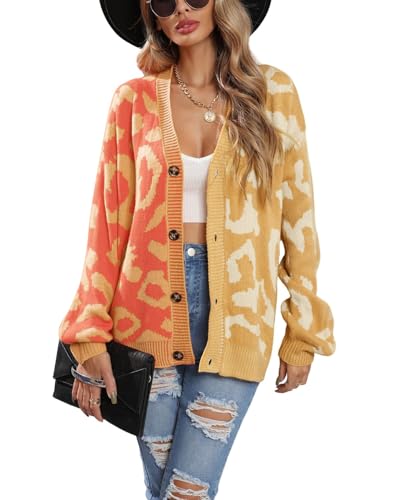 chouyatou Women's Color Block Leopard Print Button Down Long Sleeve Cardigan Sweaters