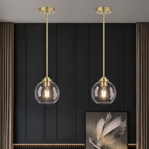 Image of 2 Pack Gold Globe Pendant Lights, Mid Century Gold Pendant Light Fixtures, Globe Pendant Lights Kitchen Island with Clear Glass Shade Adjustable Hanging Fixture for Dining Room (Bulbs not Included)