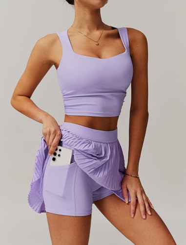 BOCIW 2 Piece Tennis Dresses for Women High Waisted Pleated Skirt Sets Square Neck Workout Crop Tank Tops Golf Outfits2